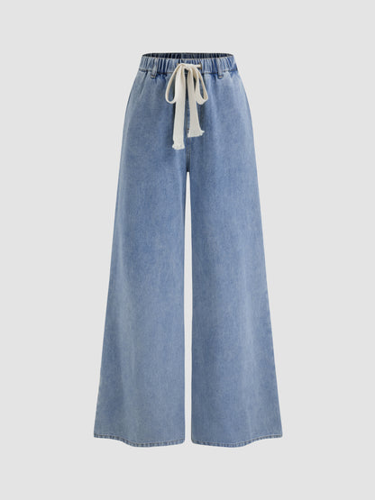 Leslie Denim High Waist Solid Tie Front Wide Leg Trousers