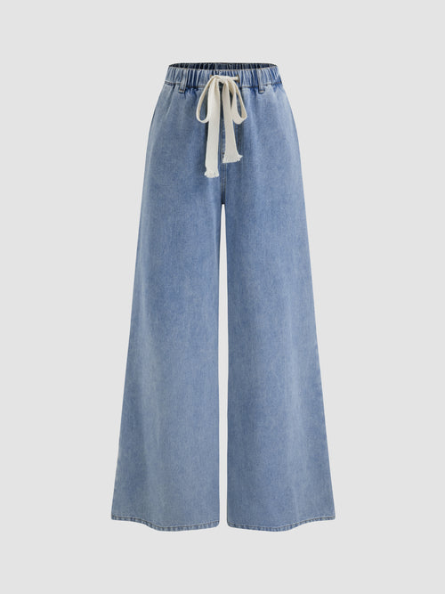 Leslie Denim High Waist Solid Tie Front Wide Leg Trousers