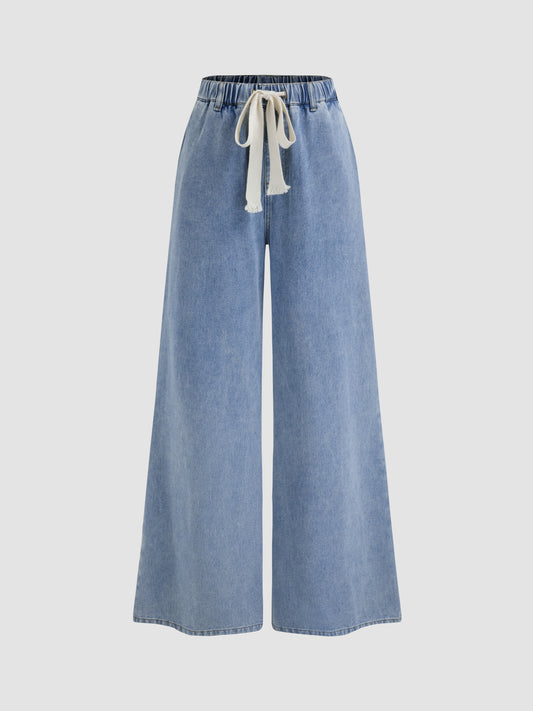 Leslie Denim High Waist Solid Tie Front Wide Leg Trousers