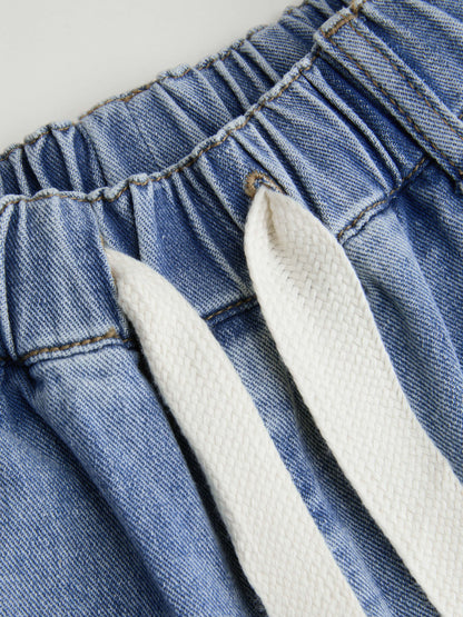 Leslie Denim High Waist Solid Tie Front Wide Leg Trousers