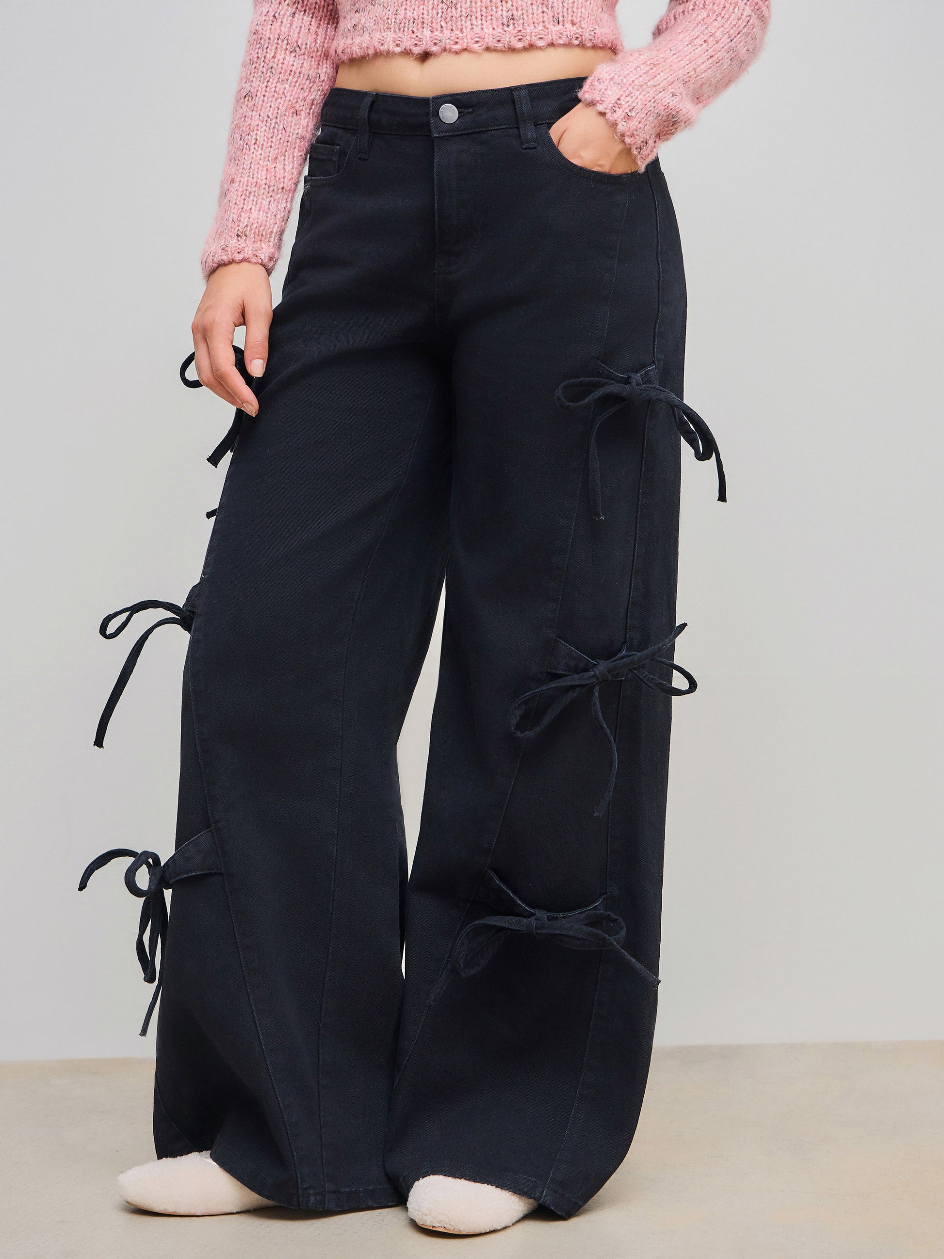 Denim Low Rise Bowknot Wide Leg Jeans
