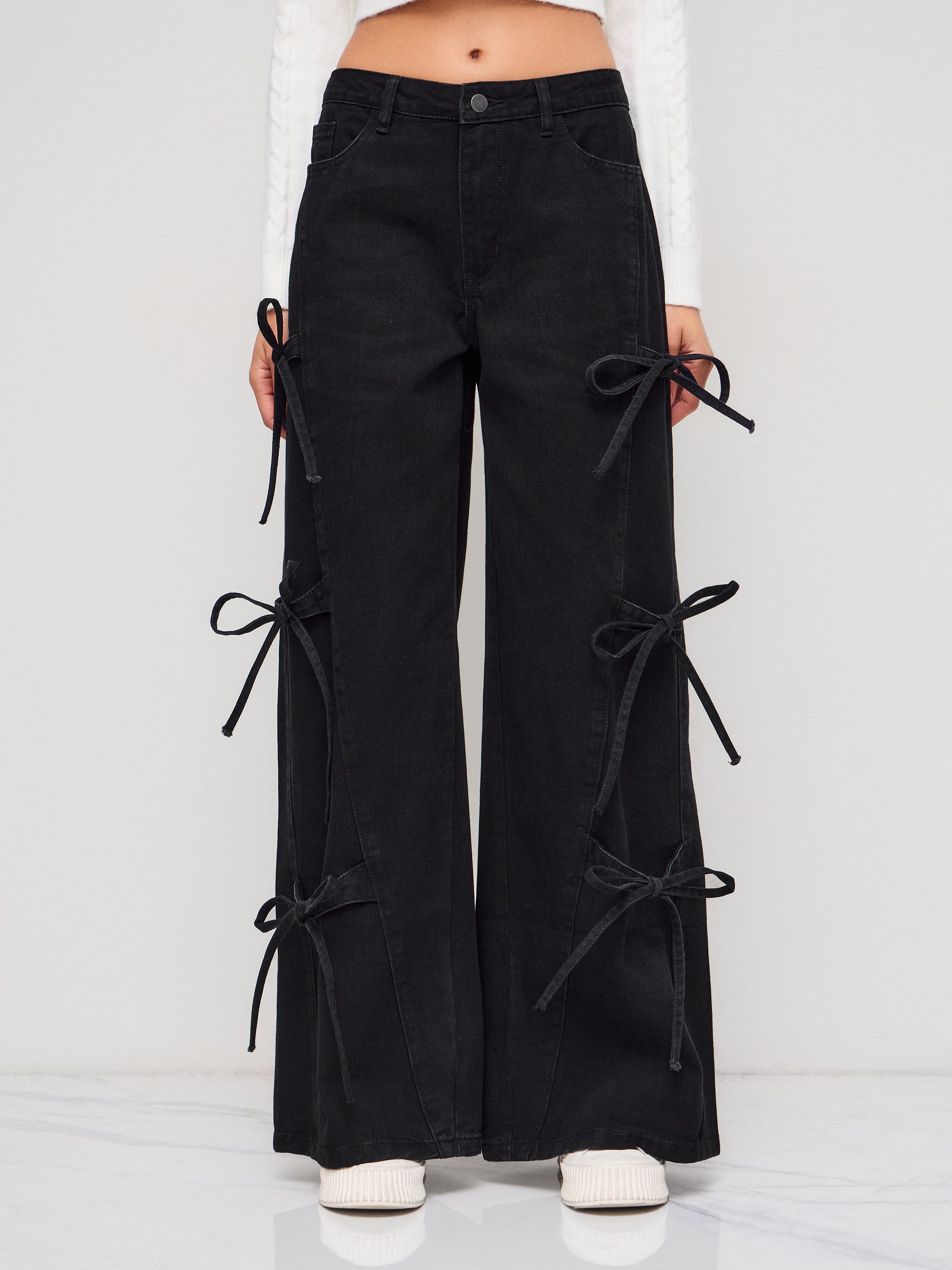 Denim Low Rise Bowknot Wide Leg Jeans
