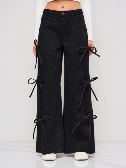 Denim Low Rise Bowknot Wide Leg Jeans