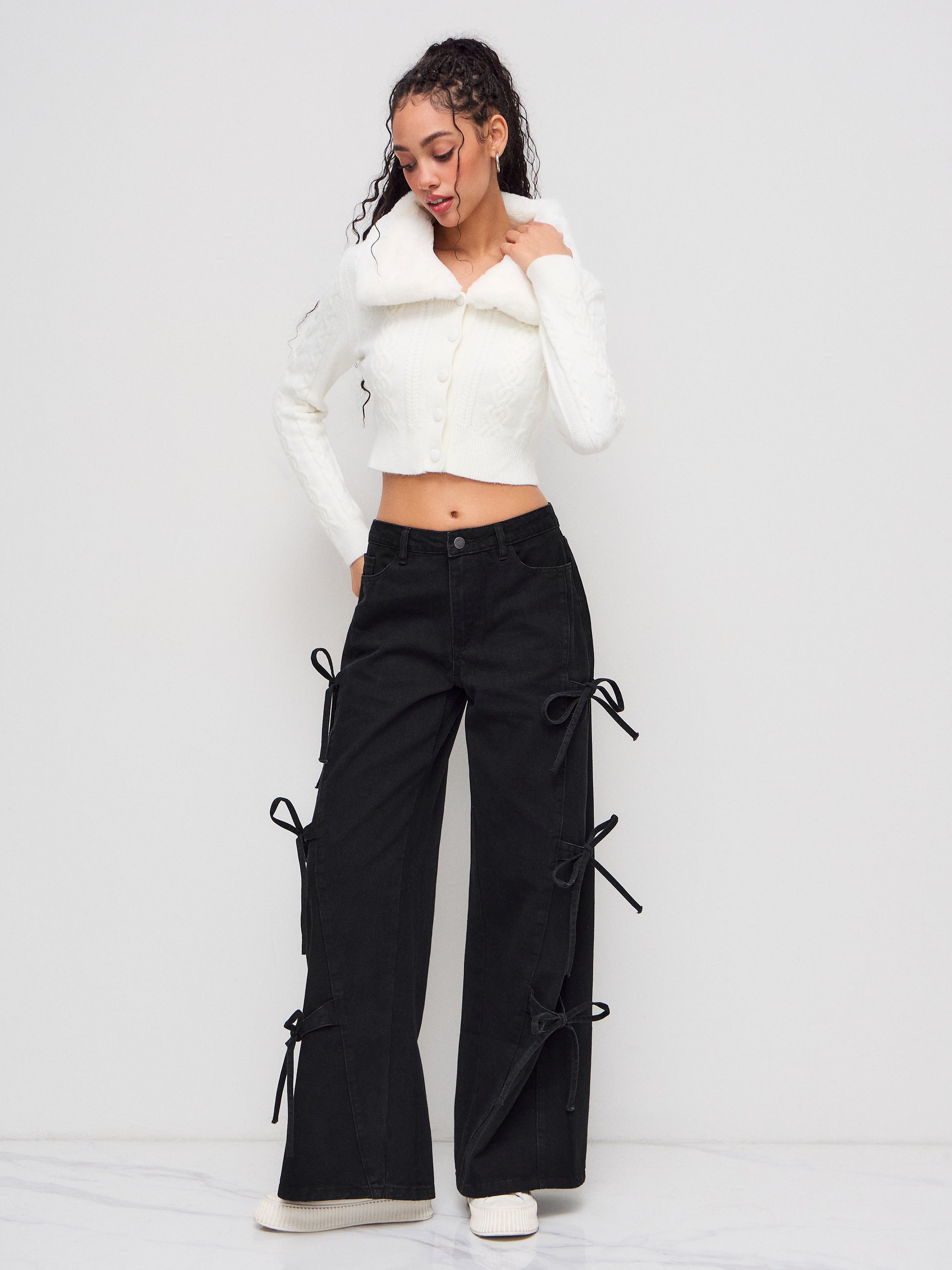 Denim Low Rise Bowknot Wide Leg Jeans