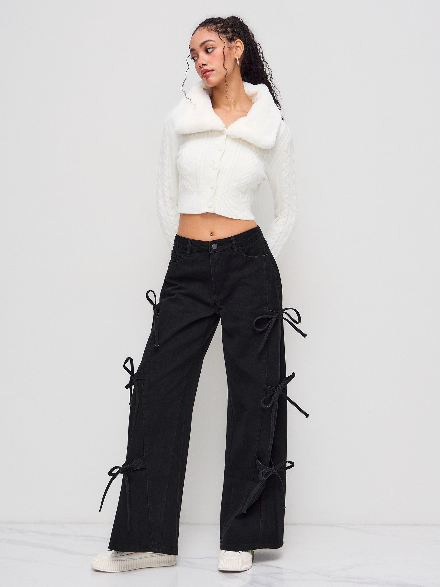Denim Low Rise Bowknot Wide Leg Jeans