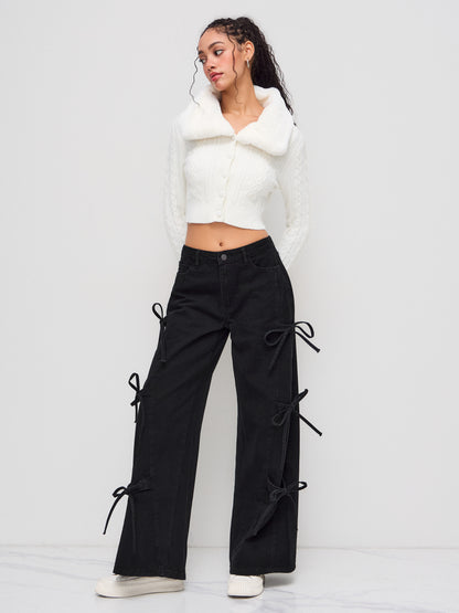 Denim Low Rise Bowknot Wide Leg Jeans
