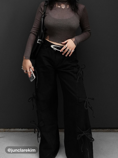 Denim Low Rise Bowknot Wide Leg Jeans