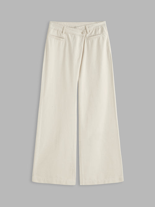 Cider Denim Mid Rise Asymmetrical Button Wide Leg Jeans