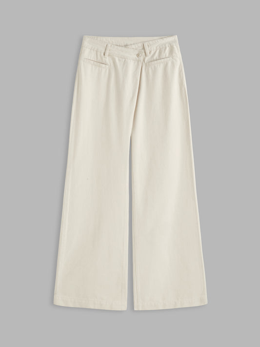 Cider Denim Mid Rise Asymmetrical Button Wide Leg Jeans