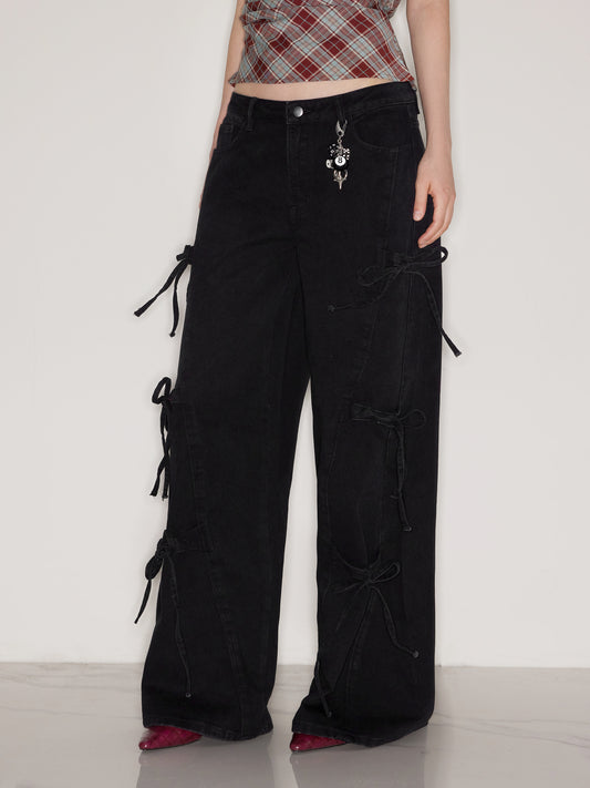 Denim Low Rise Bowknot Wide Leg Jeans