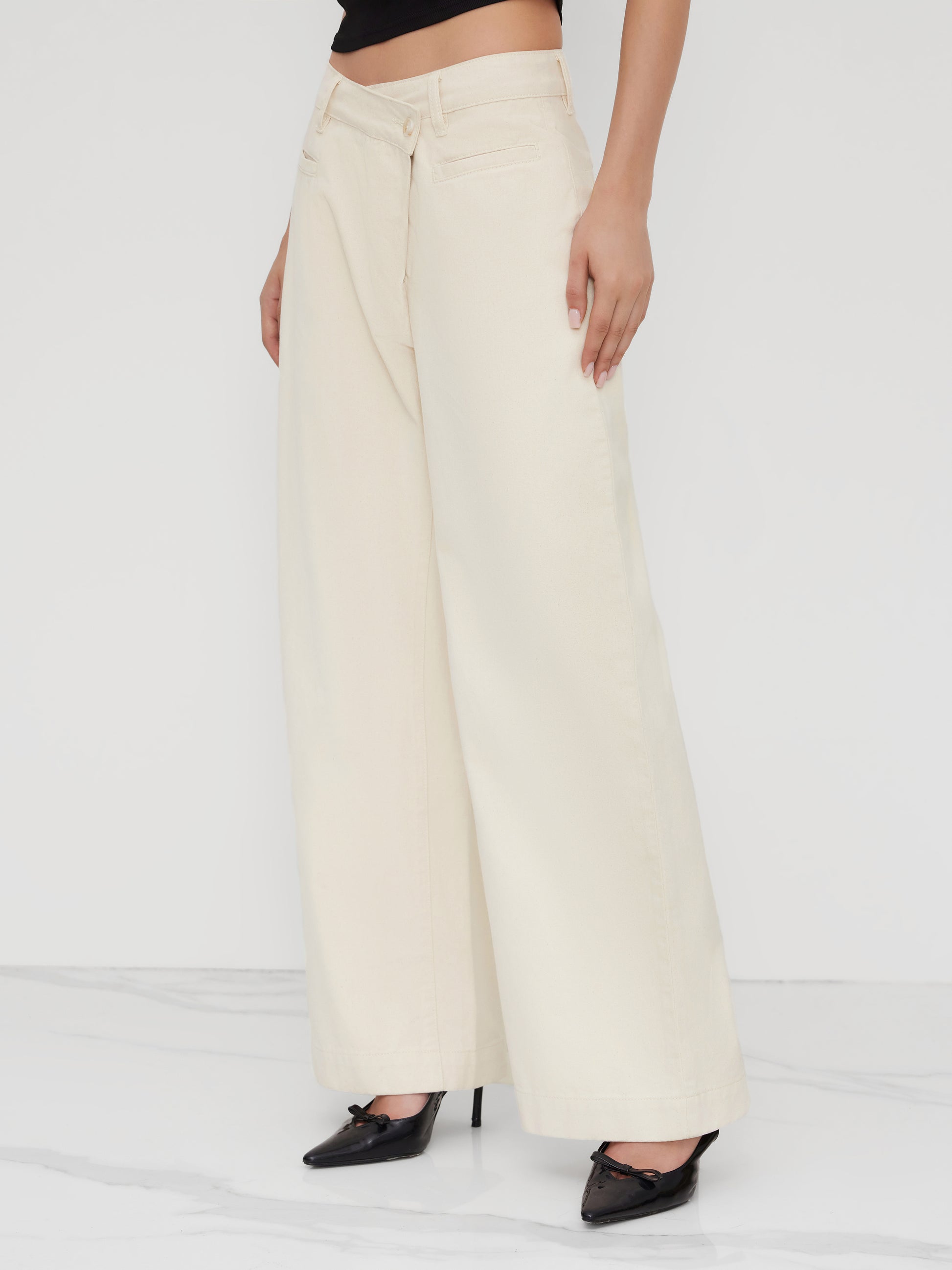 Cider Denim Mid Rise Asymmetrical Button Wide Leg Jeans