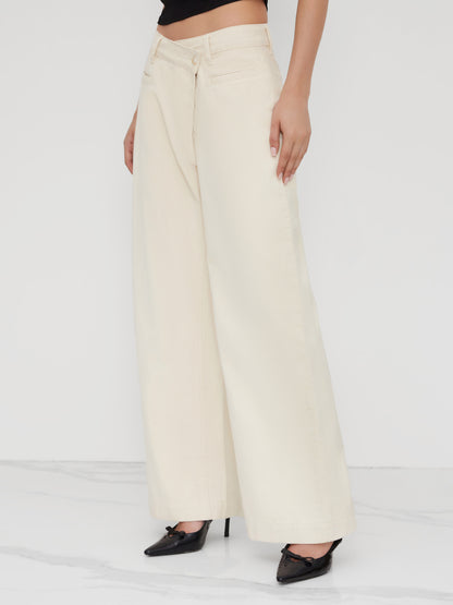 Cider Denim Mid Rise Asymmetrical Button Wide Leg Jeans