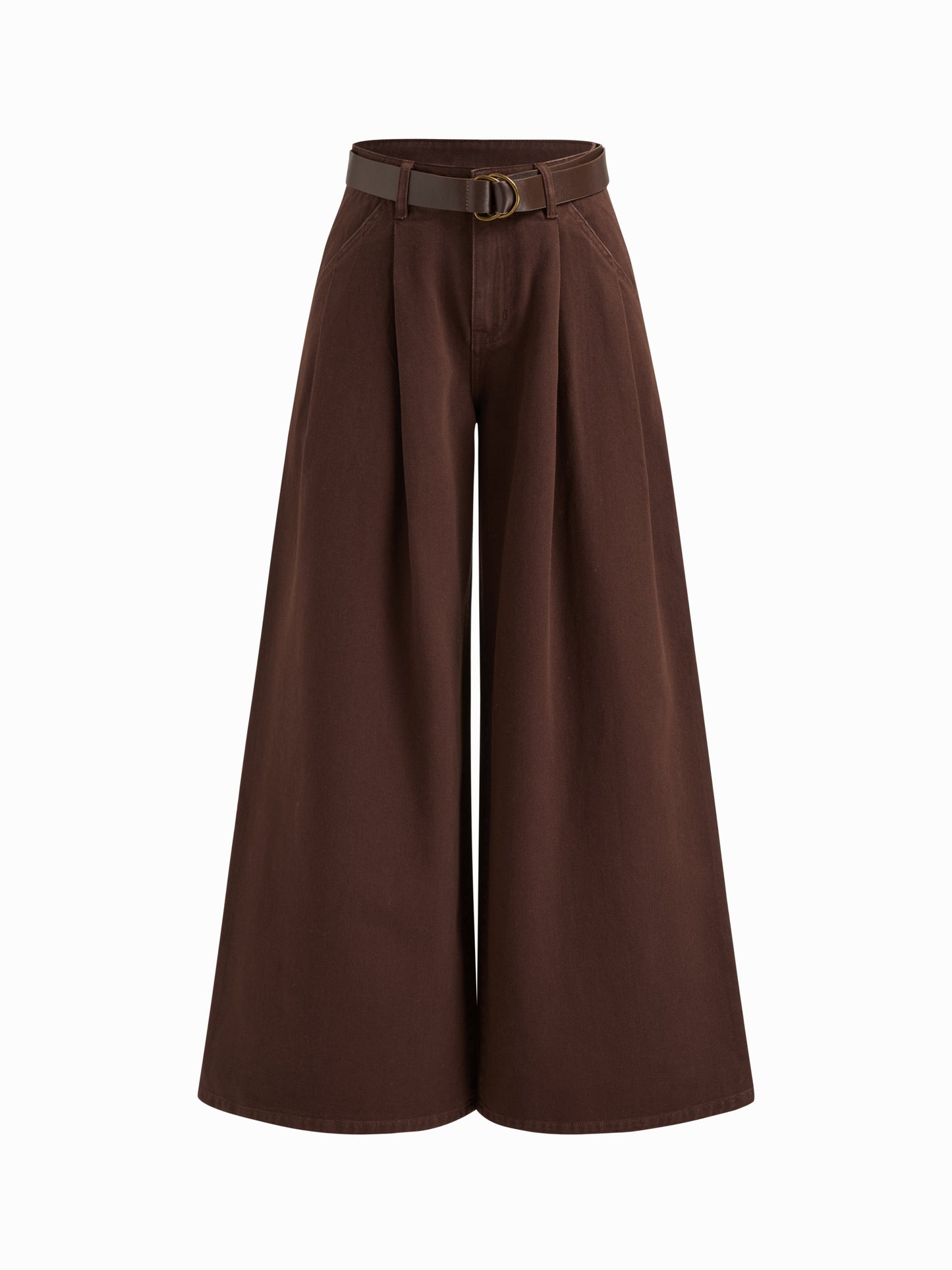 Denim Low Rise Pleated Wide Leg Jeans With Belt