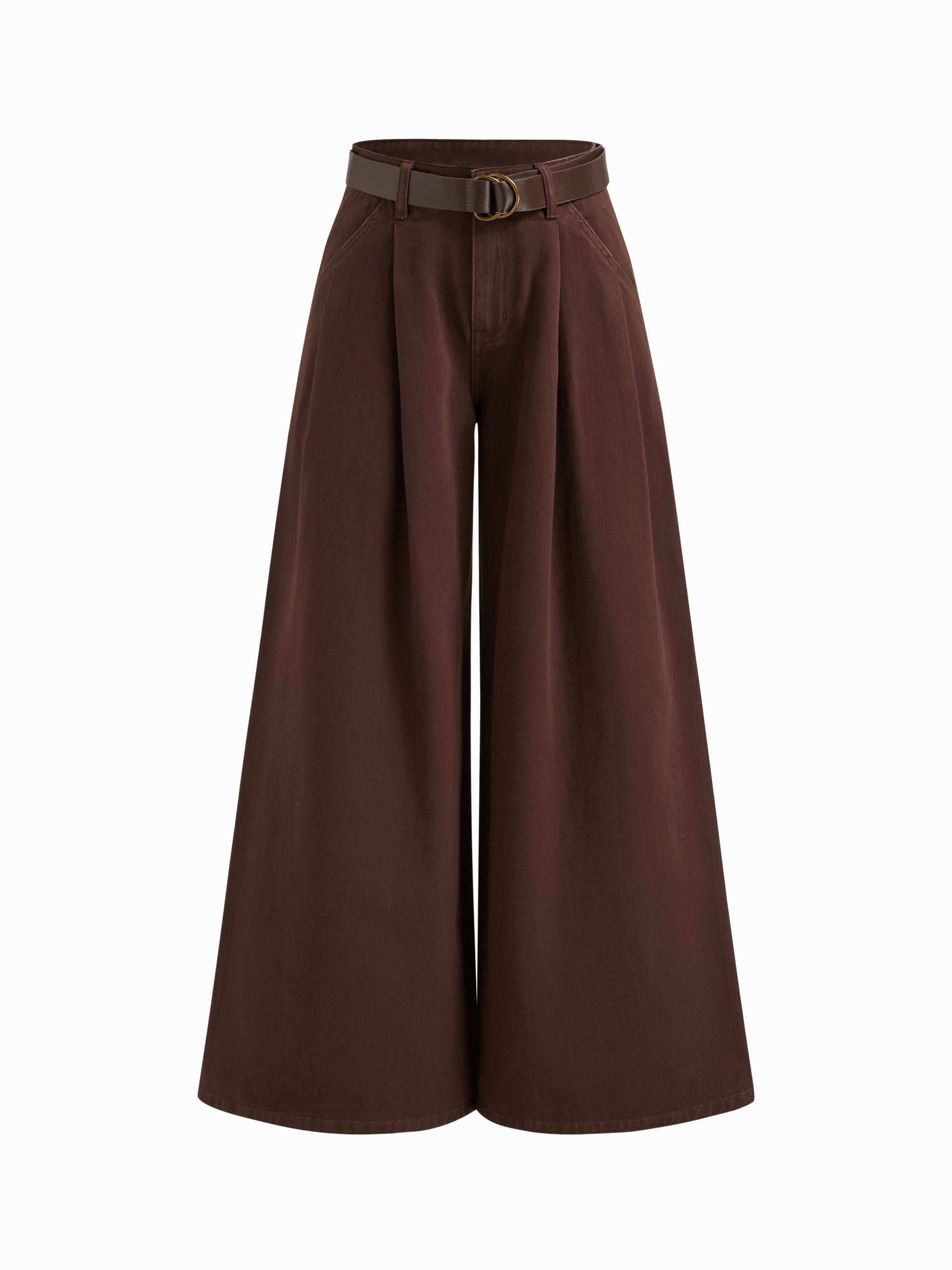 Denim Low Rise Pleated Wide Leg Jeans With Belt