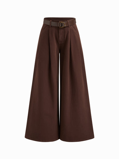 Denim Low Rise Pleated Wide Leg Jeans With Belt