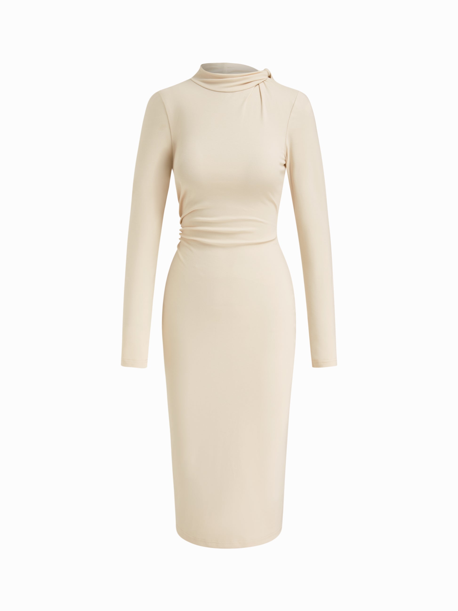 Cotton-blend High Neck Long Sleeve Ruched Midi Dress