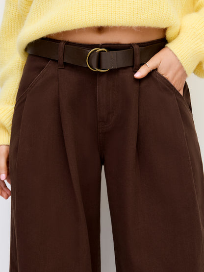Denim Low Rise Pleated Wide Leg Jeans With Belt
