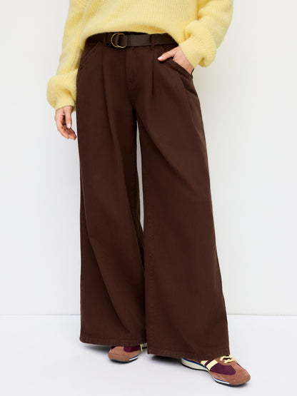 Denim Low Rise Pleated Wide Leg Jeans With Belt