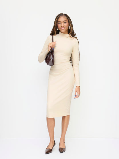 Cotton-blend High Neck Long Sleeve Ruched Midi Dress