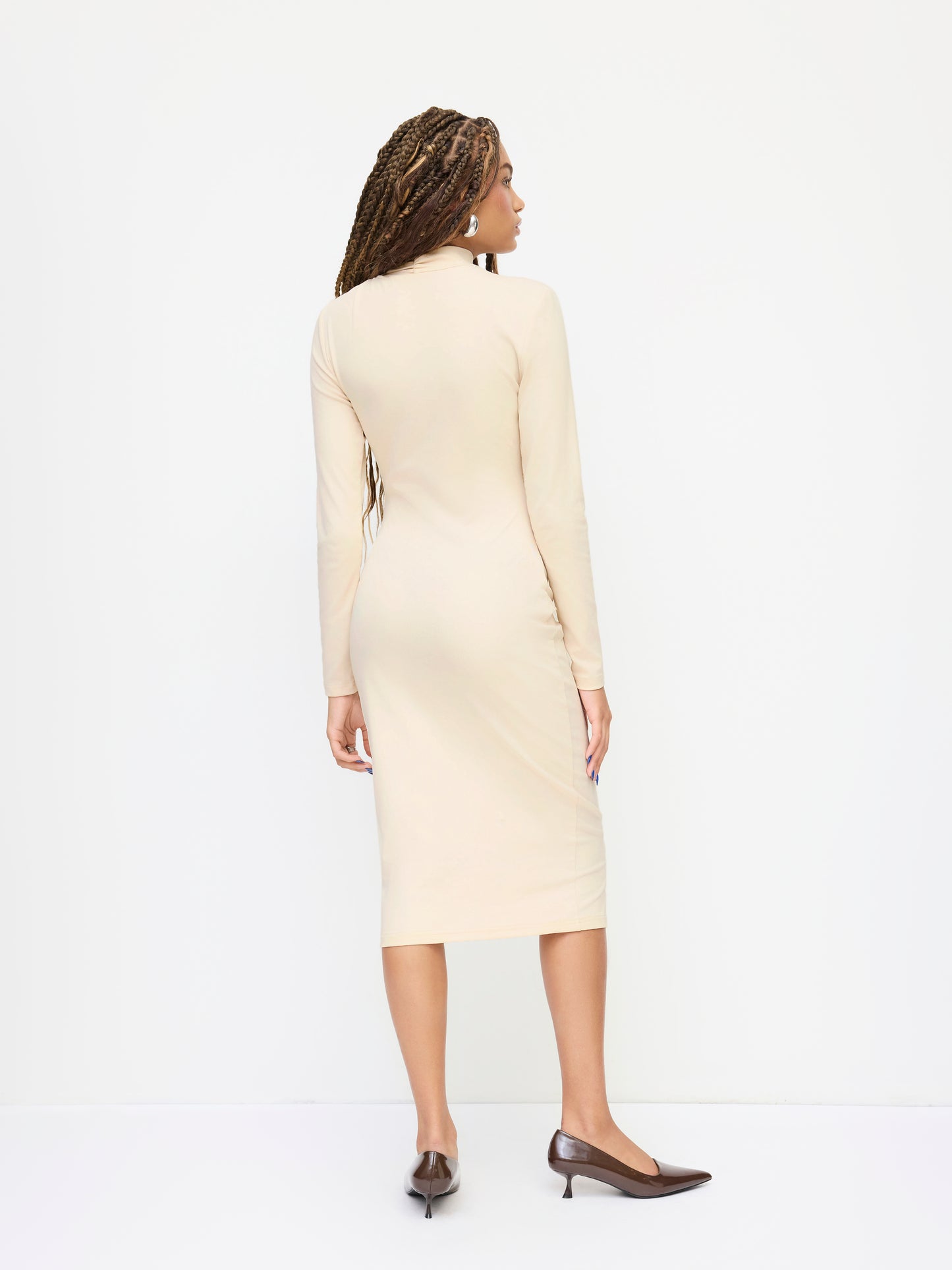 Cotton-blend High Neck Long Sleeve Ruched Midi Dress