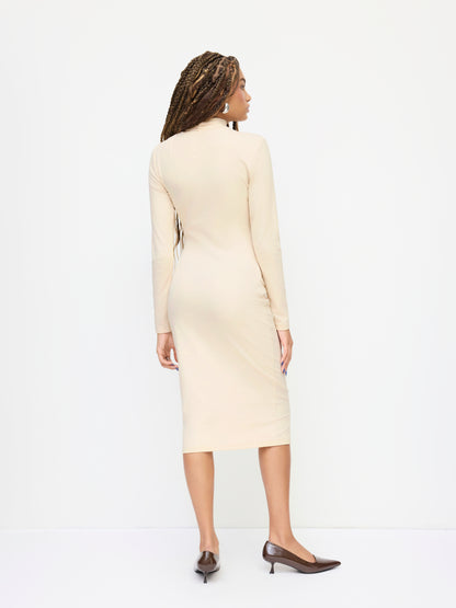 Cotton-blend High Neck Long Sleeve Ruched Midi Dress