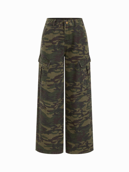 Cider Denim Camo Mid Rise Oversized Wide Leg Cargo Jeans