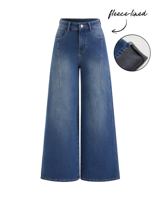 High Stretch Cider Denim Fleece-lined High Rise Wide Leg Jeans