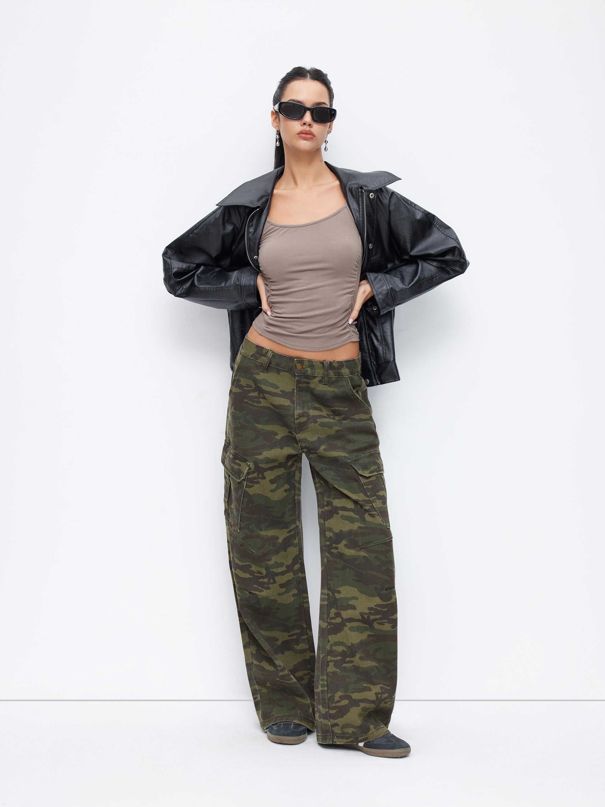 Cider Denim Camo Mid Rise Oversized Wide Leg Cargo Jeans