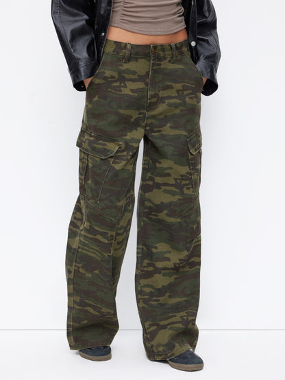 Cider Denim Camo Mid Rise Oversized Wide Leg Cargo Jeans