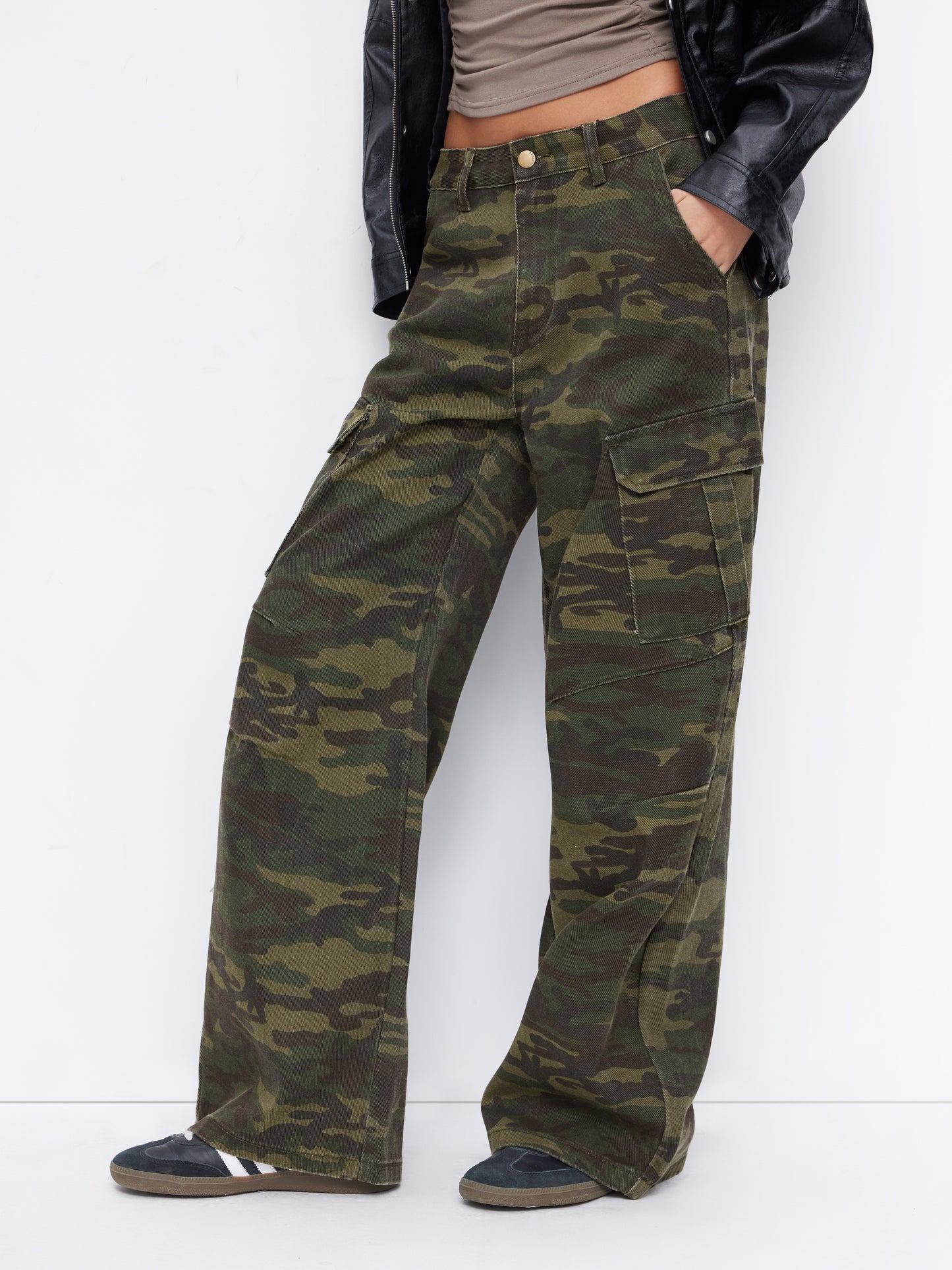 Cider Denim Camo Mid Rise Oversized Wide Leg Cargo Jeans