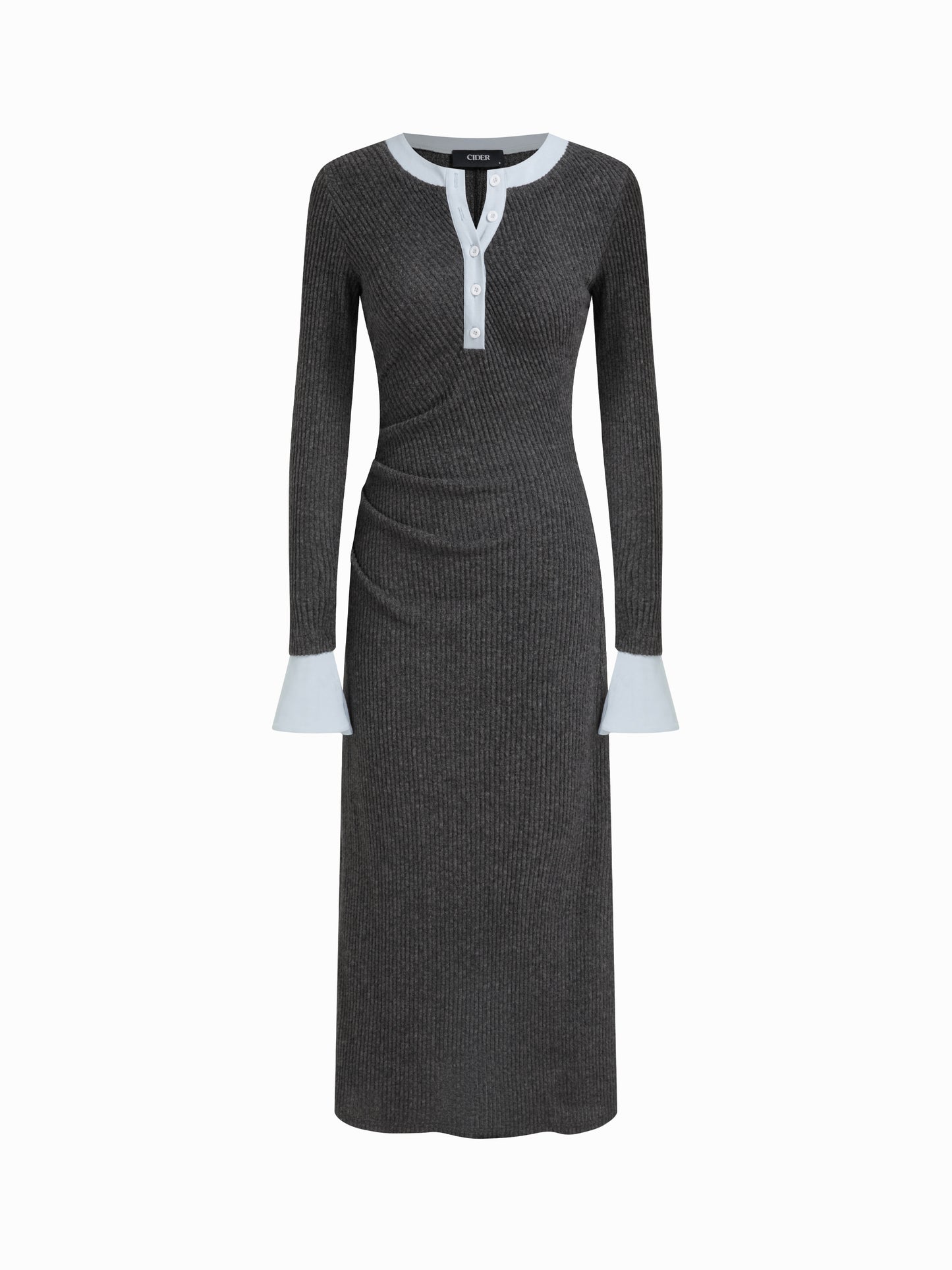 Textured Round Neck Long Sleeve Contrasting Binding Maxi Dress