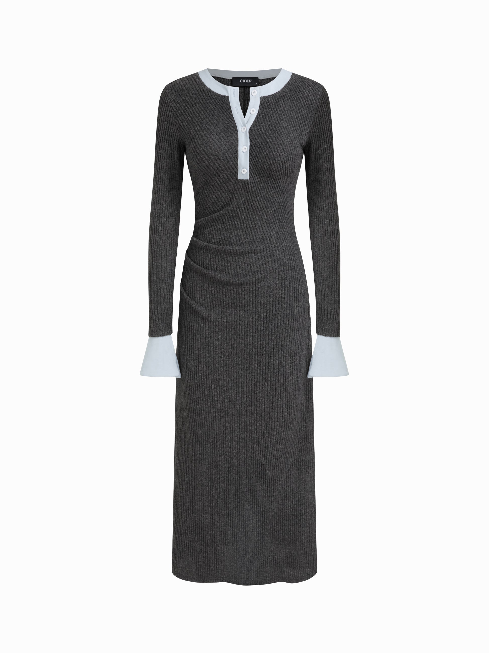 Textured Round Neck Long Sleeve Contrasting Binding Maxi Dress