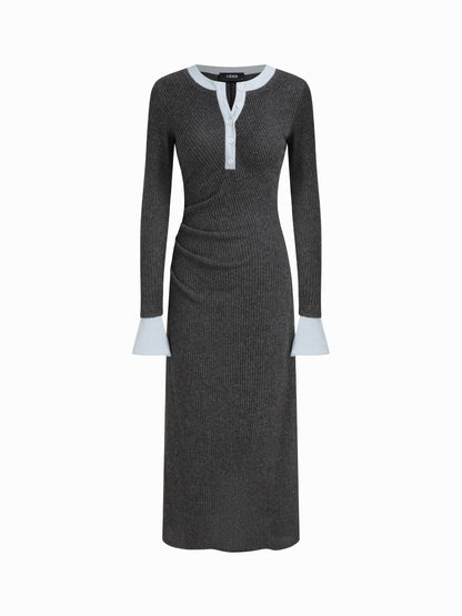 Textured Round Neck Long Sleeve Contrasting Binding Maxi Dress