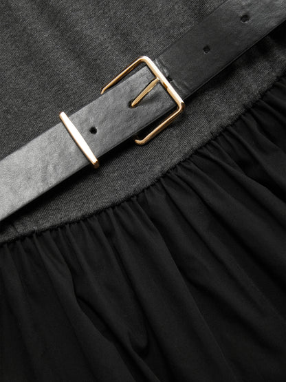 Cotton Stand Collar Two Tone Flared Mid-length Sleeve Maxi Dress With Belt