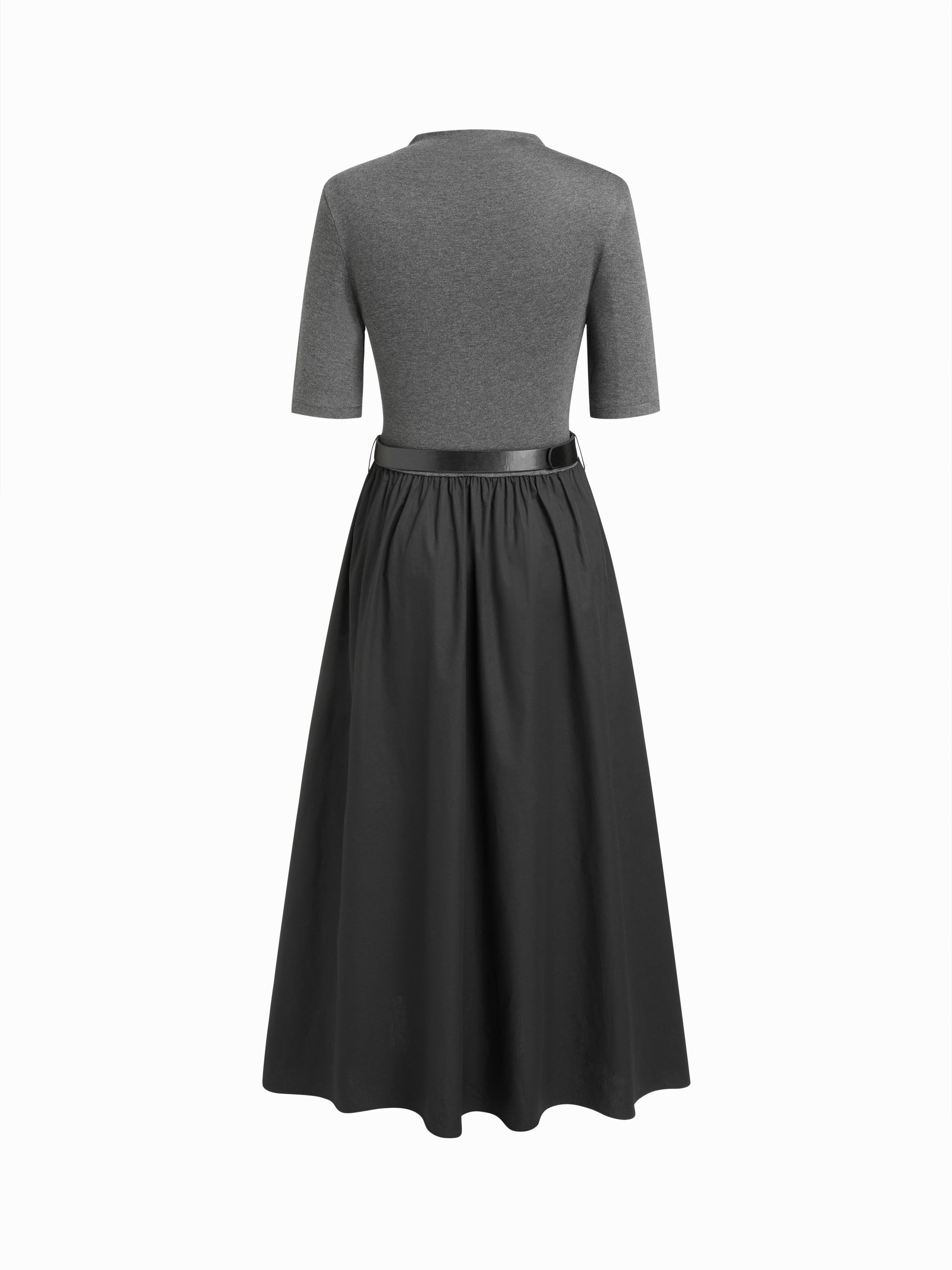 Cotton Stand Collar Two Tone Flared Mid-length Sleeve Maxi Dress With Belt