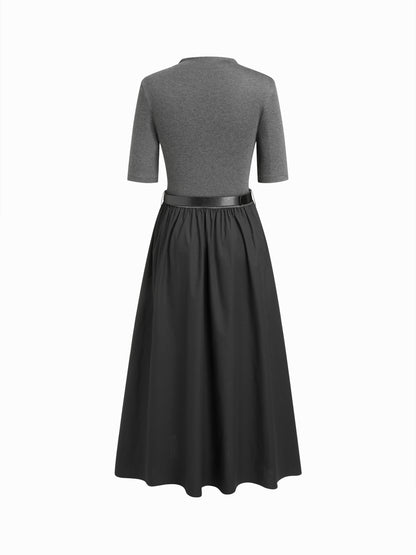 Cotton Stand Collar Two Tone Flared Mid-length Sleeve Maxi Dress With Belt
