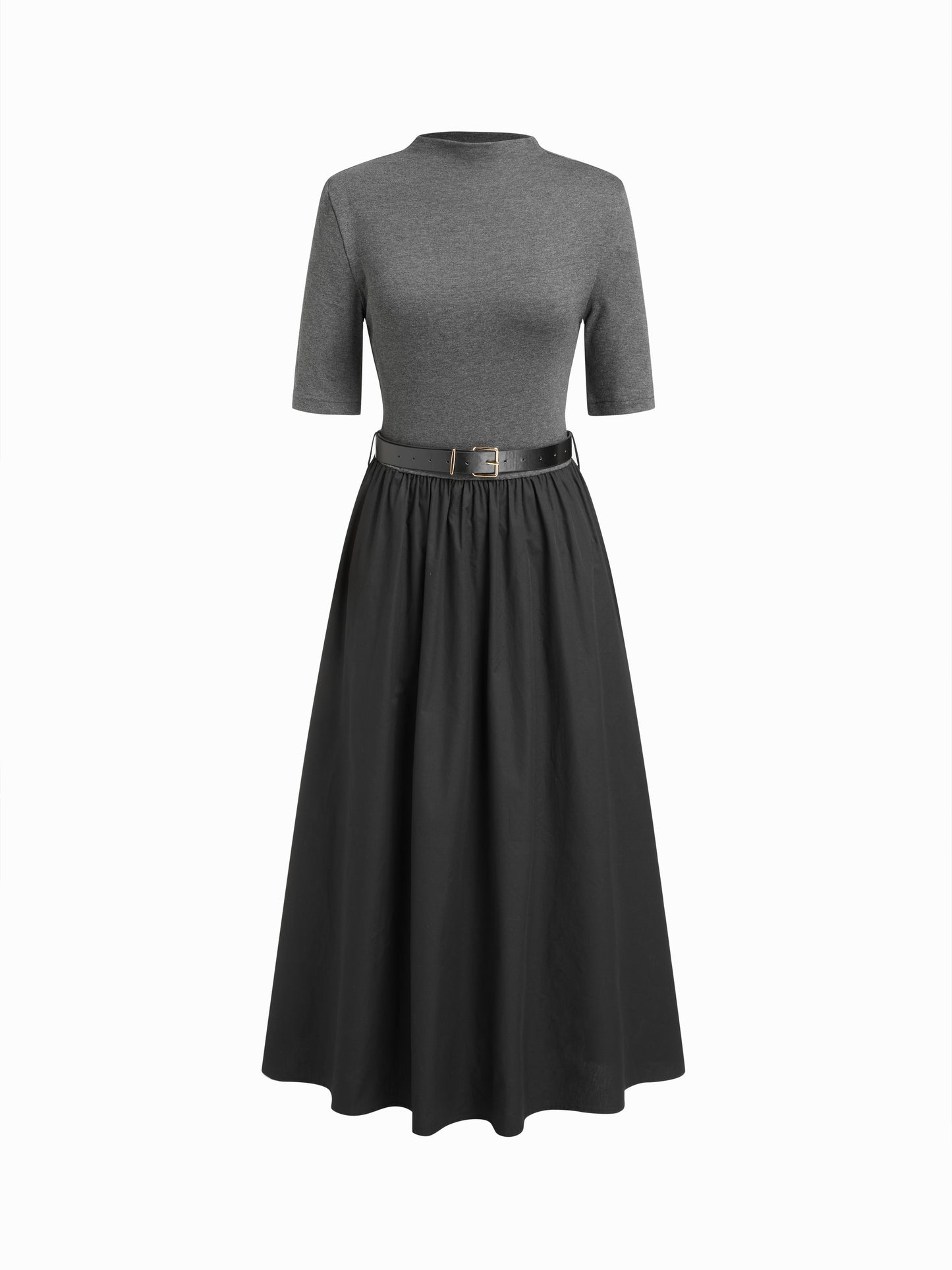 Cotton Stand Collar Two Tone Flared Mid-length Sleeve Maxi Dress With Belt