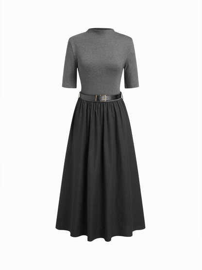 Cotton Stand Collar Two Tone Flared Mid-length Sleeve Maxi Dress With Belt