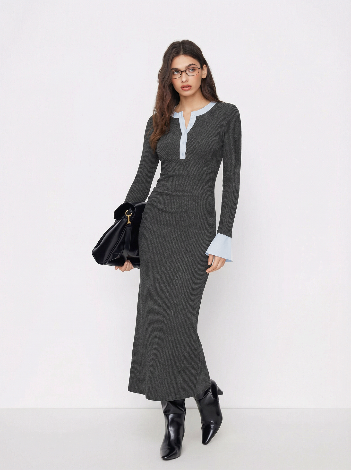 Textured Round Neck Long Sleeve Contrasting Binding Maxi Dress