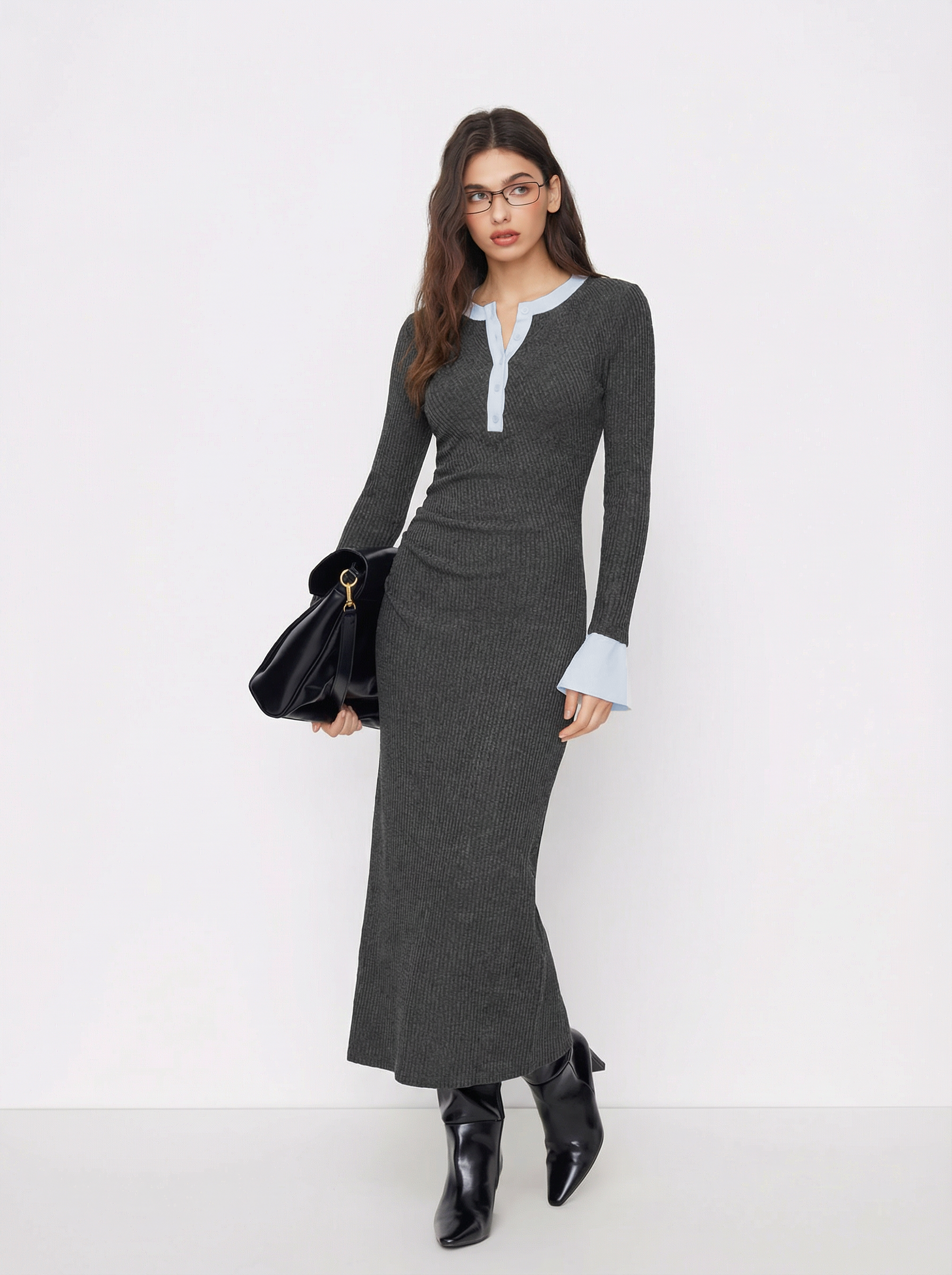 Textured Round Neck Long Sleeve Contrasting Binding Maxi Dress