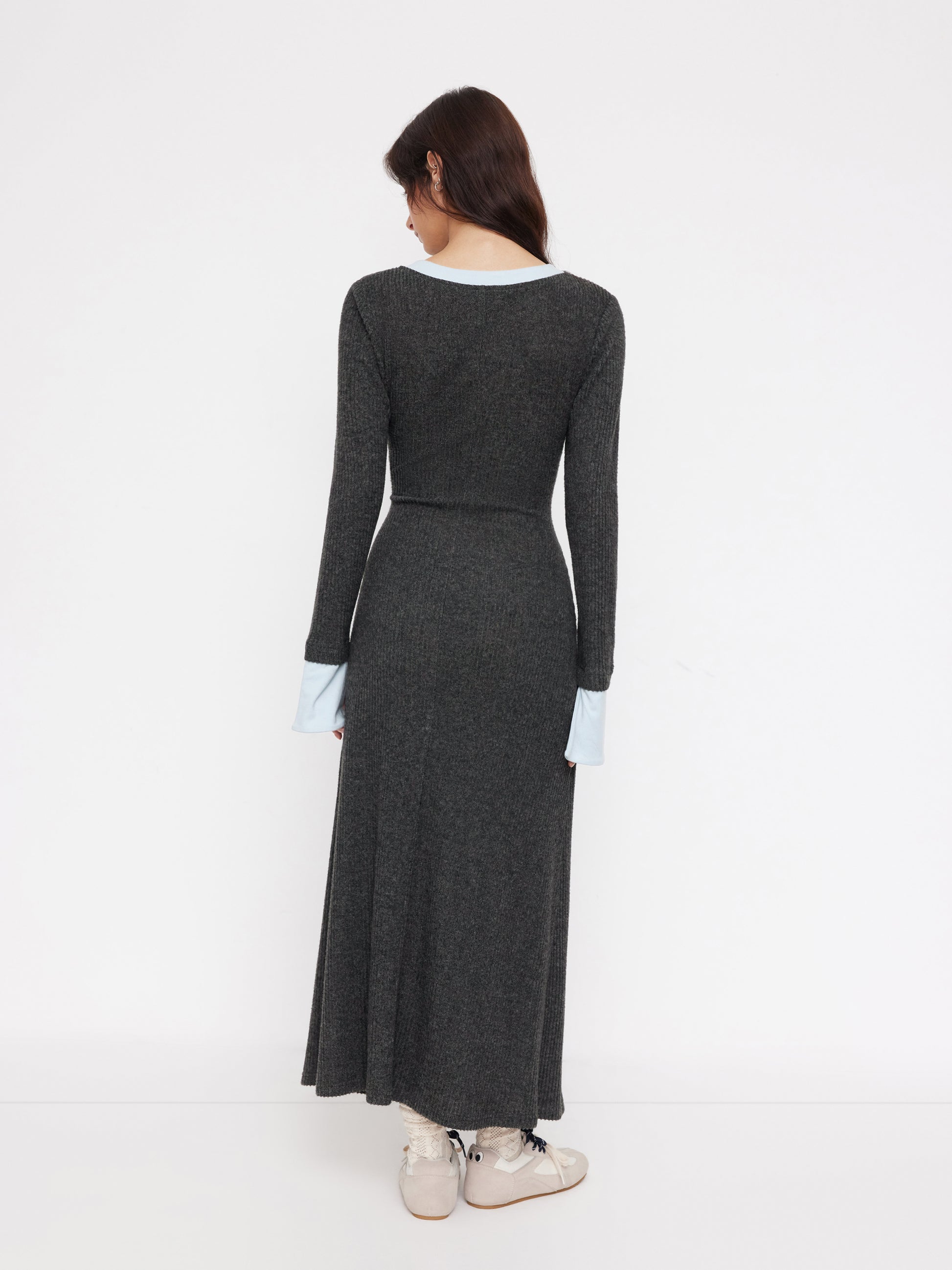 Textured Round Neck Long Sleeve Contrasting Binding Maxi Dress
