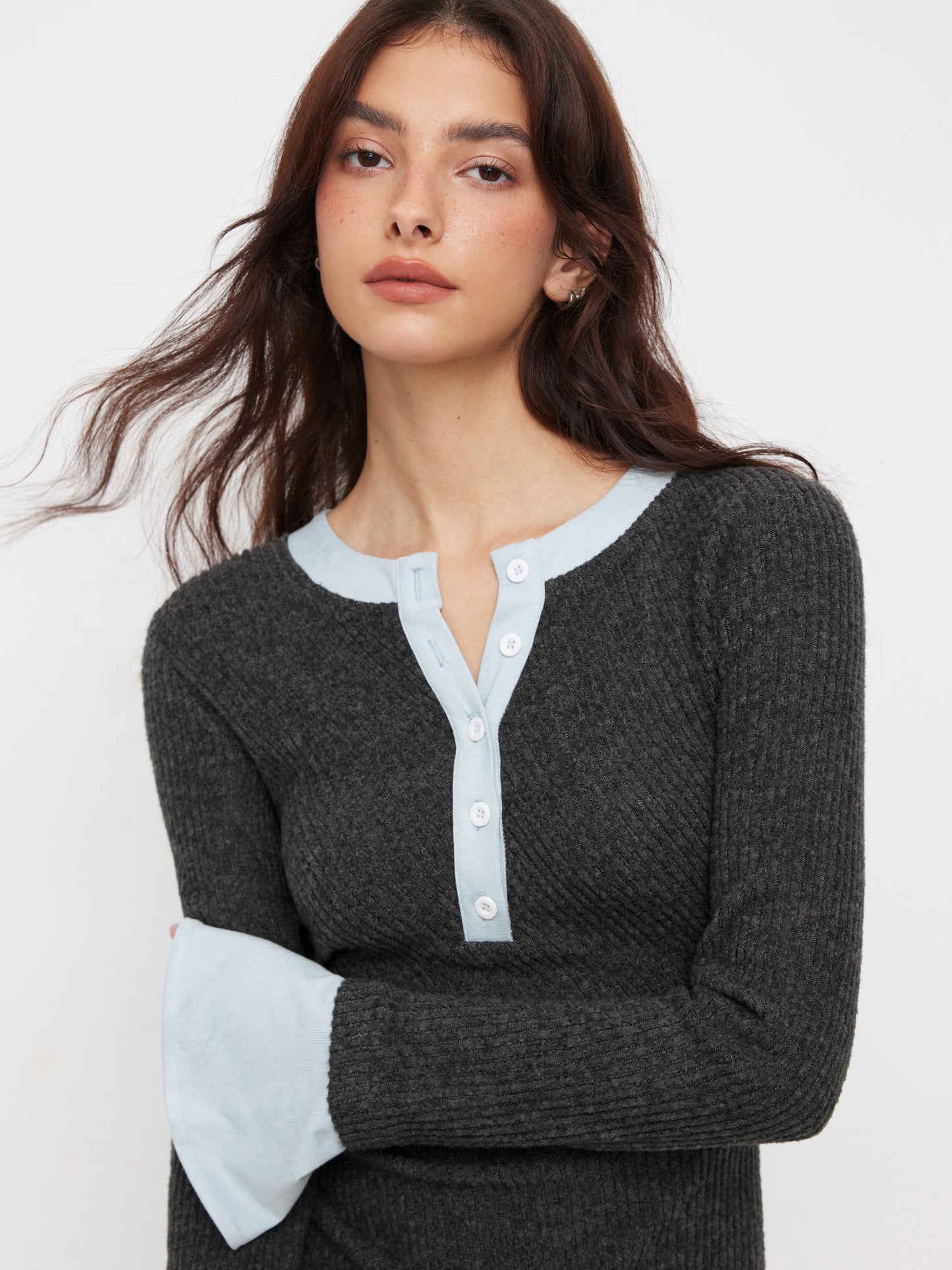 Textured Round Neck Long Sleeve Contrasting Binding Maxi Dress