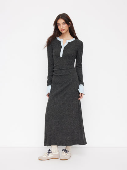Textured Round Neck Long Sleeve Contrasting Binding Maxi Dress