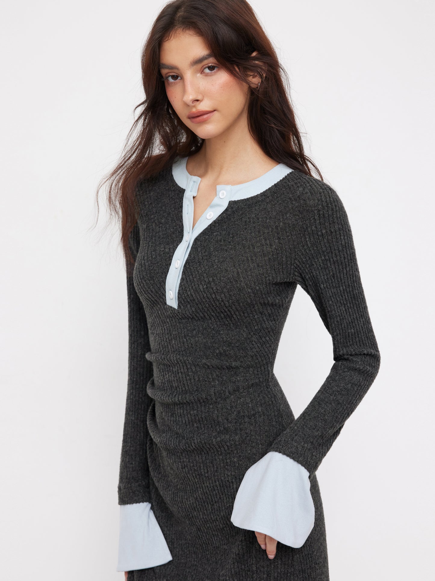 Textured Round Neck Long Sleeve Contrasting Binding Maxi Dress