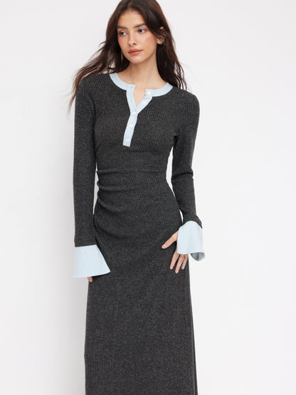 Textured Round Neck Long Sleeve Contrasting Binding Maxi Dress