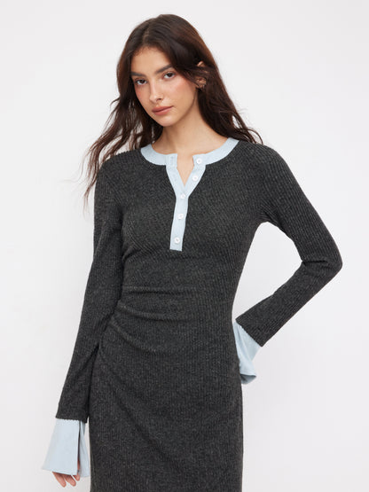 Textured Round Neck Long Sleeve Contrasting Binding Maxi Dress