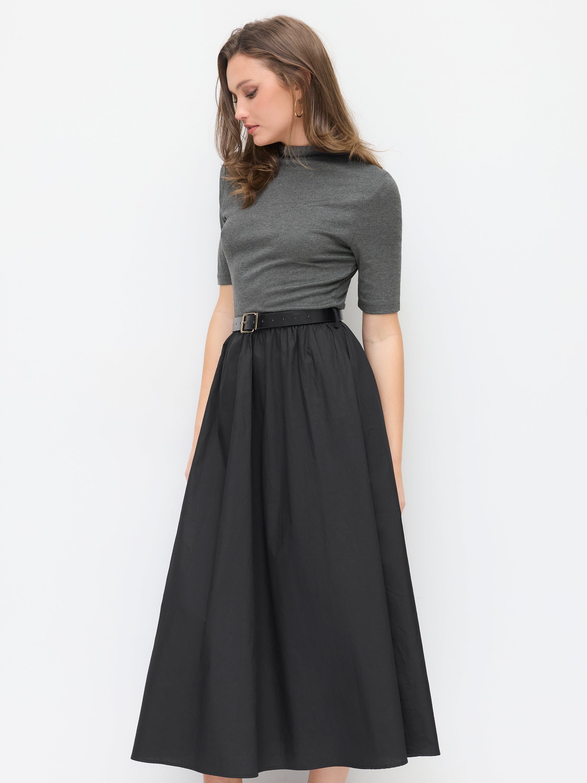 Cotton Stand Collar Two Tone Flared Mid-length Sleeve Maxi Dress With Belt