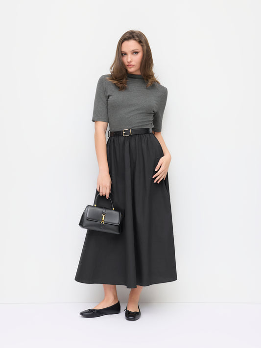 Cotton Stand Collar Two Tone Flared Mid-length Sleeve Maxi Dress With Belt