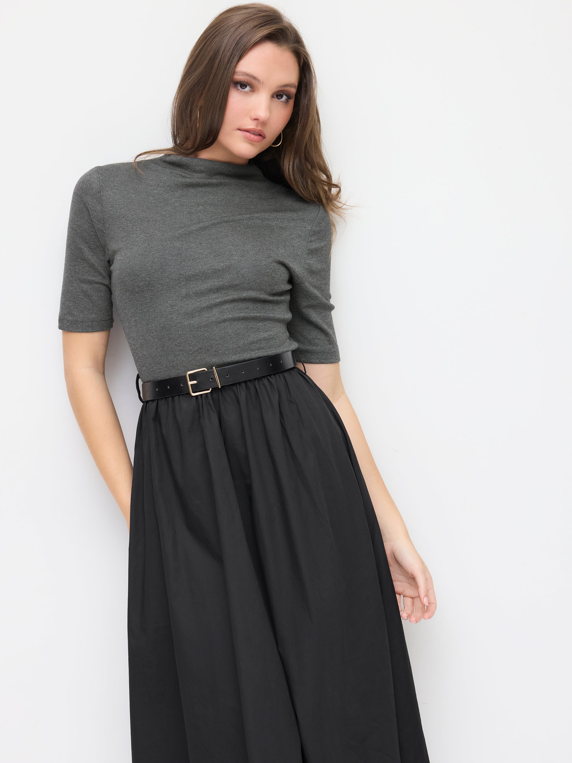 Cotton Stand Collar Two Tone Flared Mid-length Sleeve Maxi Dress With Belt