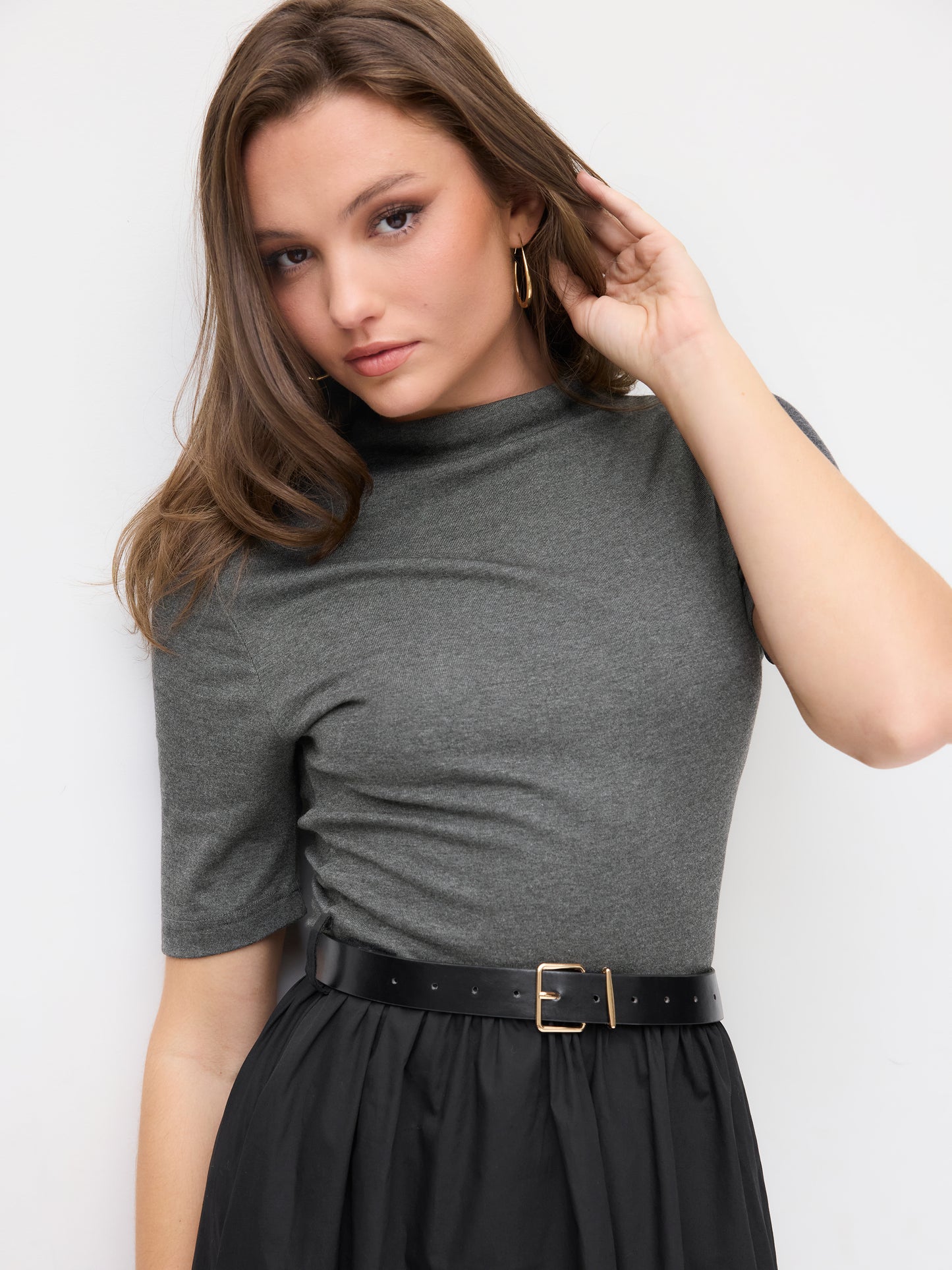 Cotton Stand Collar Two Tone Flared Mid-length Sleeve Maxi Dress With Belt